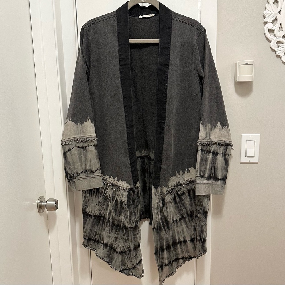 Indigo Thread Co. Black Gray Denim Jean Open Jacket Distressed Grunge Fringe XL